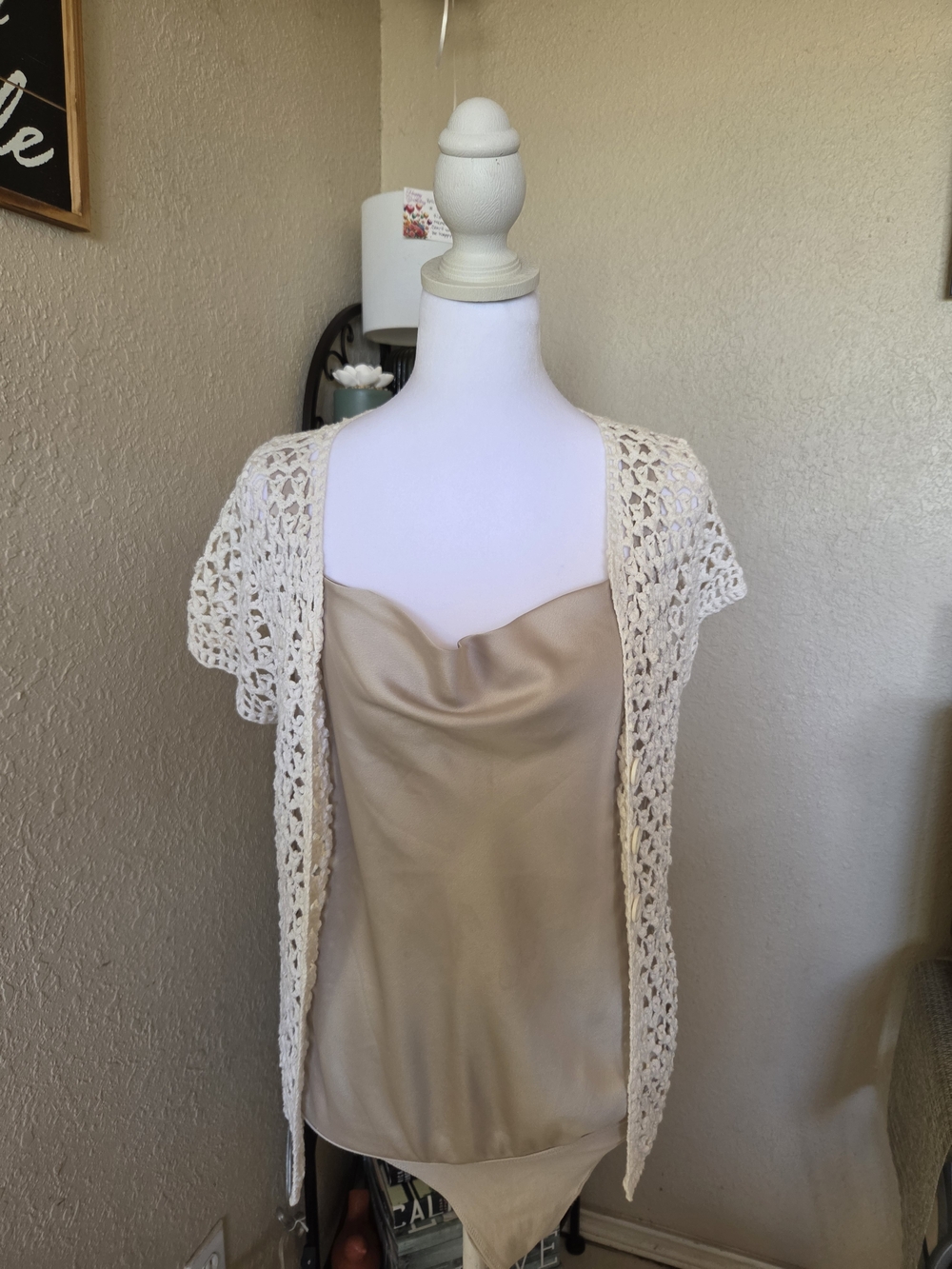 Abercrombie & Fitch Cream Satin Chemise with Crochet Cover-Up